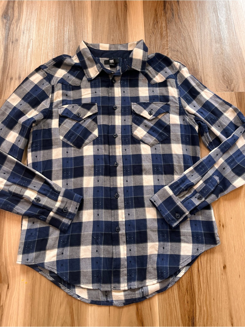 Frye Men’s Jacquard Flannel Western Shirt Navy Blue Ivory Plaid Size Medium M